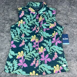 Reel Legends Mariner Womens PM Green Floral‎ Sleeveless Button Up Quick Dry NWT